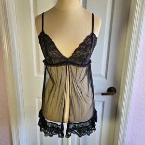 Victoria's Secret Vintage Black Mesh ‎ Lace Babydoll Top Nightie Size M Lingerie